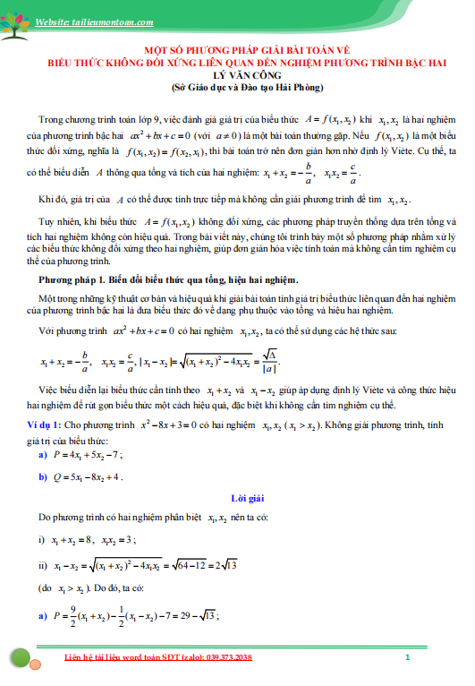 Hệ thức vi-ét với biểu thức không đối xứng